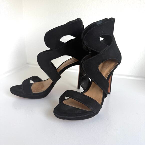 Schutz Black Suede Cutout High Heel Sandals 10B Leather Sole Made in‎ Brazil